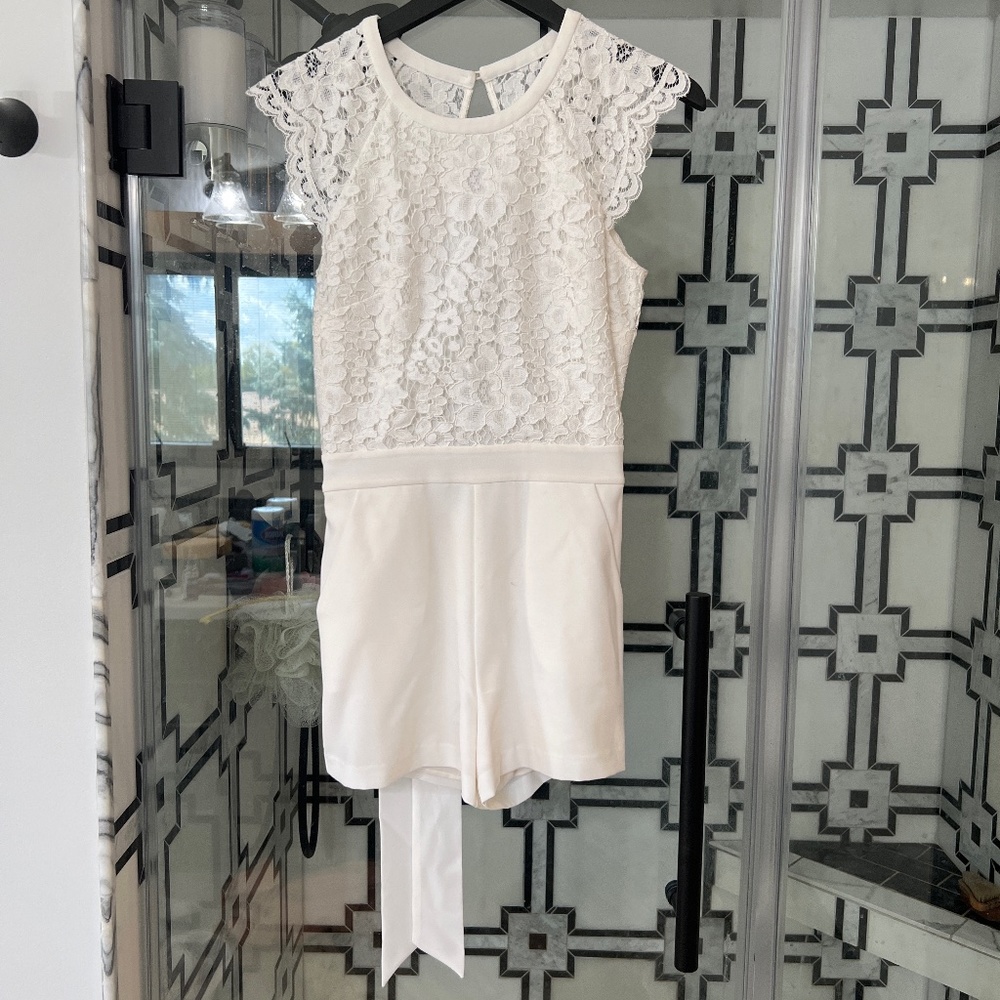 White open back lace romper